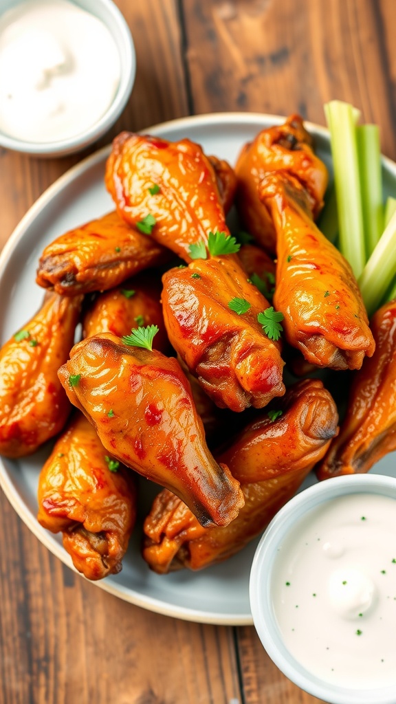 Crispy air fryer chicken wings on a plate with ranch dressing and celery sticks.